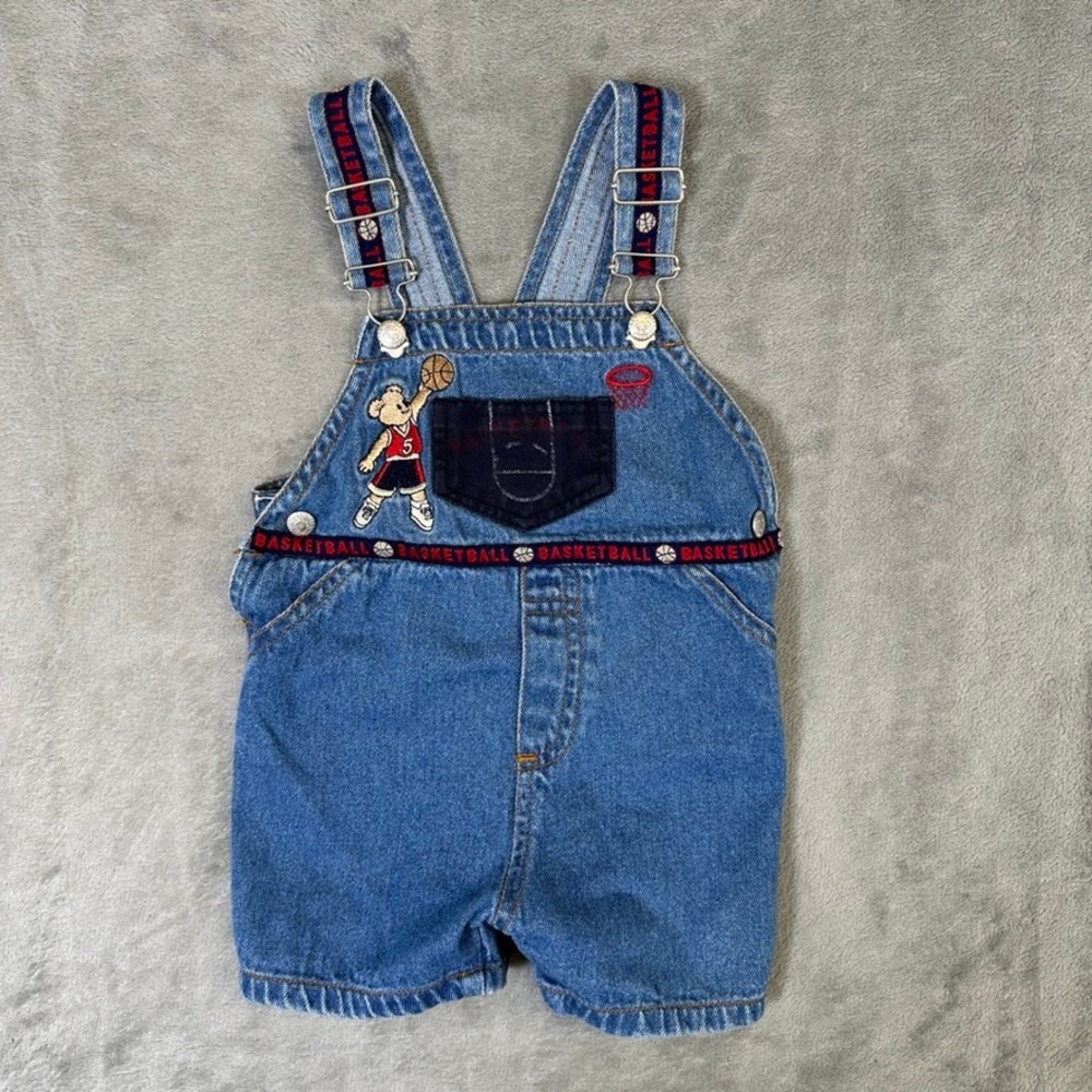 Vintage Toddler Basketball Bear Denim Overalls Shortalls Blue 2T W22108 5E
